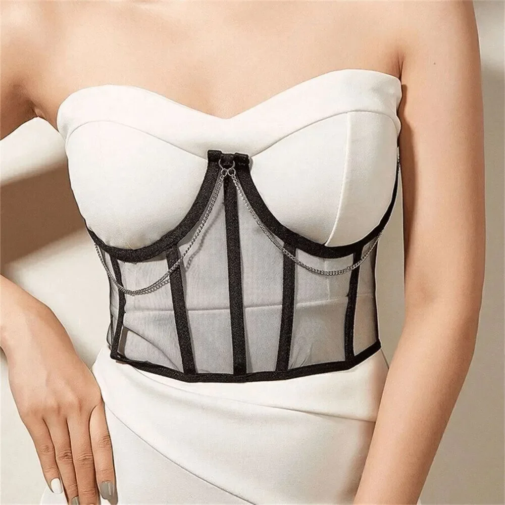 🖤 Sexy Black Mesh Splice Chain Detail Waist Cincher Corset with Steel Bones NEW